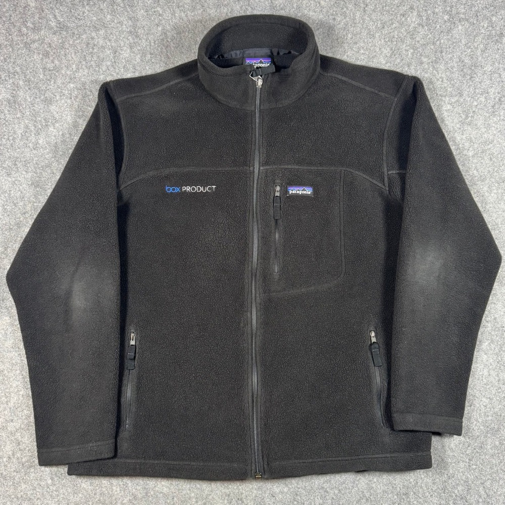 Patagonia Synchilla Fleece Jacket Mens L Black Full Zip Mock Neck Company Logo